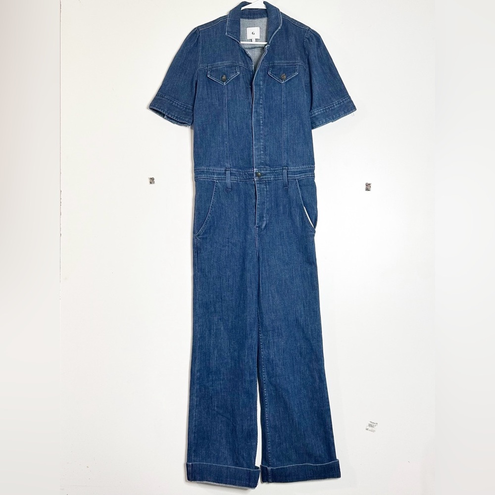 G. goop label Katie stretch denim coverall short sleeve jumpsuit